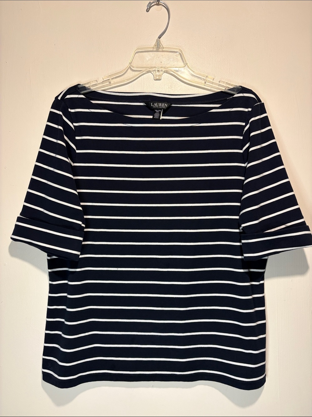 Lauren Ralph Lauren Navy Stripe Boat Neck Cuffed Sleeves Top Size XXL
